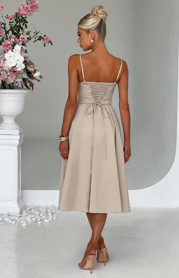 NIDANSSI White Slim Backless Robes Evening Party Dress Women Pleated Bodycon Elegant Sexy Dress Midi Long Summer Dress Vestidos