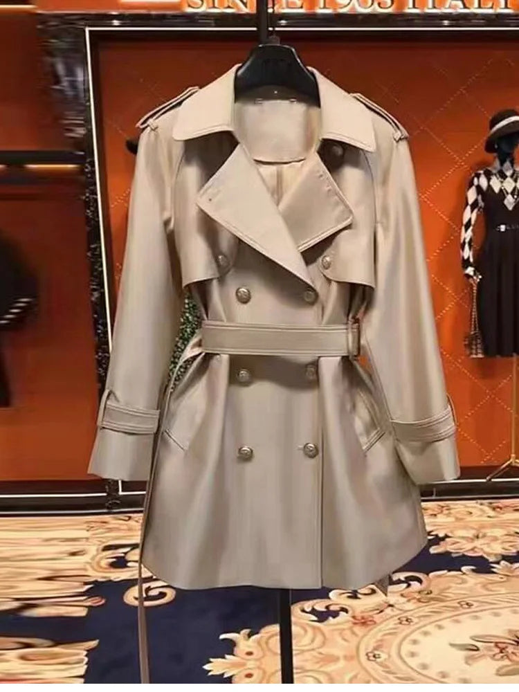 Lautaro Spring Autumn Khaki Satin Trench Coat for Women Belt Double Breasted Elegant High Quality Luxury Designer Clothing 2024