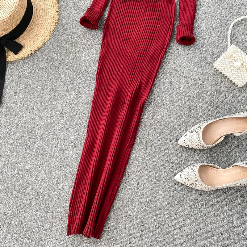 Women's Knitted Midi Dr Pure Color Long Sve Slim Fit High Waist V-Ne Korean Sle Faionable Autumn Winter Dr