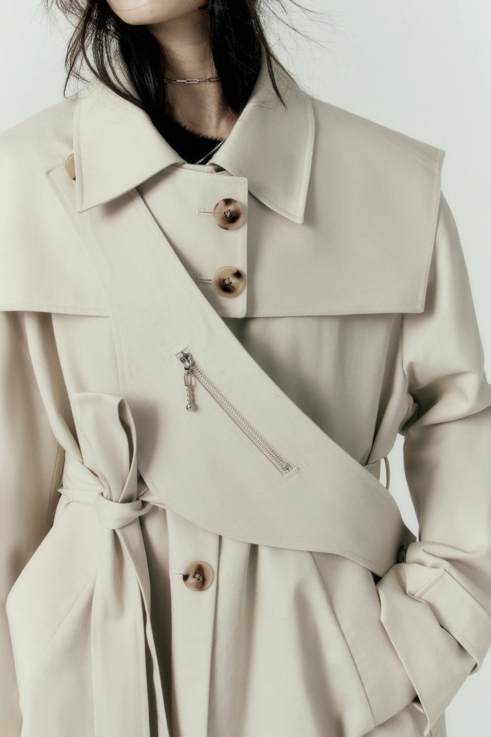 Lautaro Autumn Cool Long Trench Coat for Women Removable Sailor Collar and Pockets Belt Runway Fashion Luxury Designer Clothes