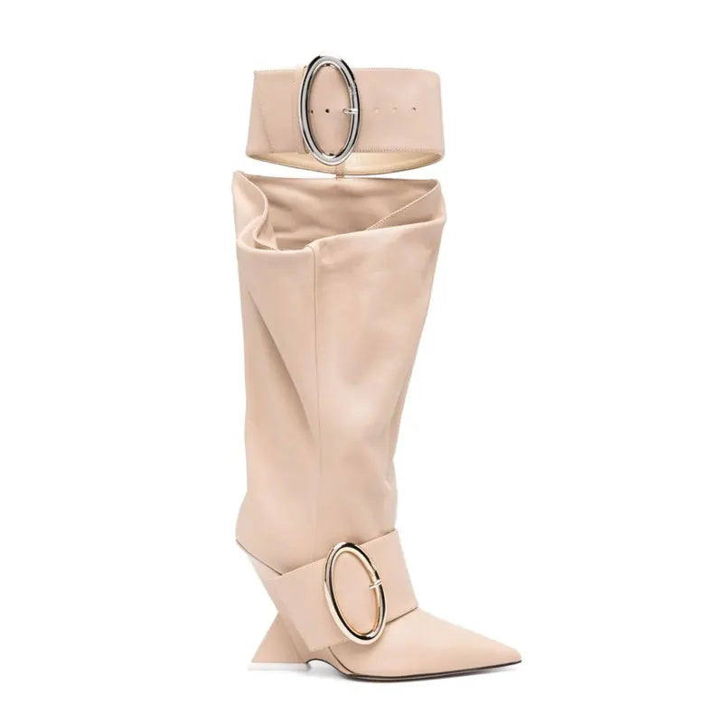 2023 European and American Designer Brand Runway Boots, Women's Fashion Belt Buckle Decoration, Irregular Heel Sleeve Boots