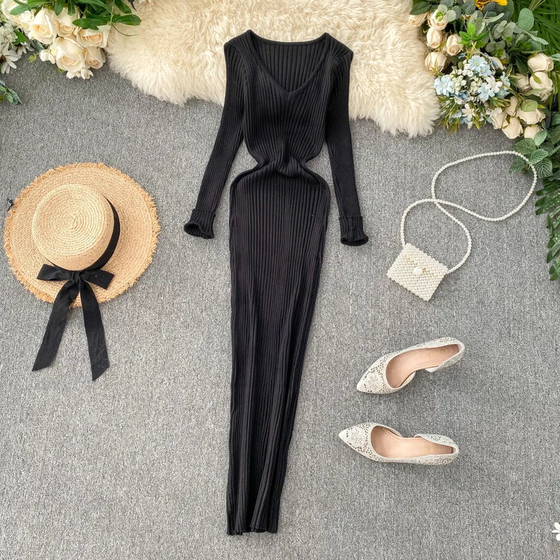 Women's Knitted Midi Dr Pure Color Long Sve Slim Fit High Waist V-Ne Korean Sle Faionable Autumn Winter Dr