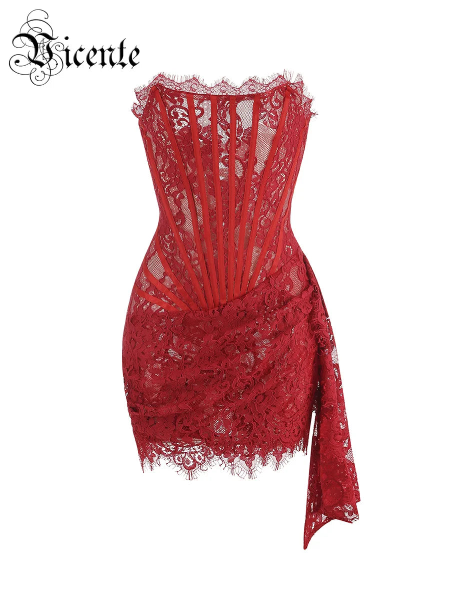 VC Christmas Dress For Women Red Lace Sexy Strapless Sleeveless Slim Supper Short Dress With Lace-Up Wofashion.xyz