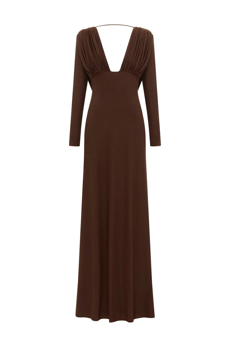 Mozision Elegant Deep V Neck  Backless Sexy Maxi Dress For Women Brown Long Sleeve High Waist Ruched Club Party Long Dresses