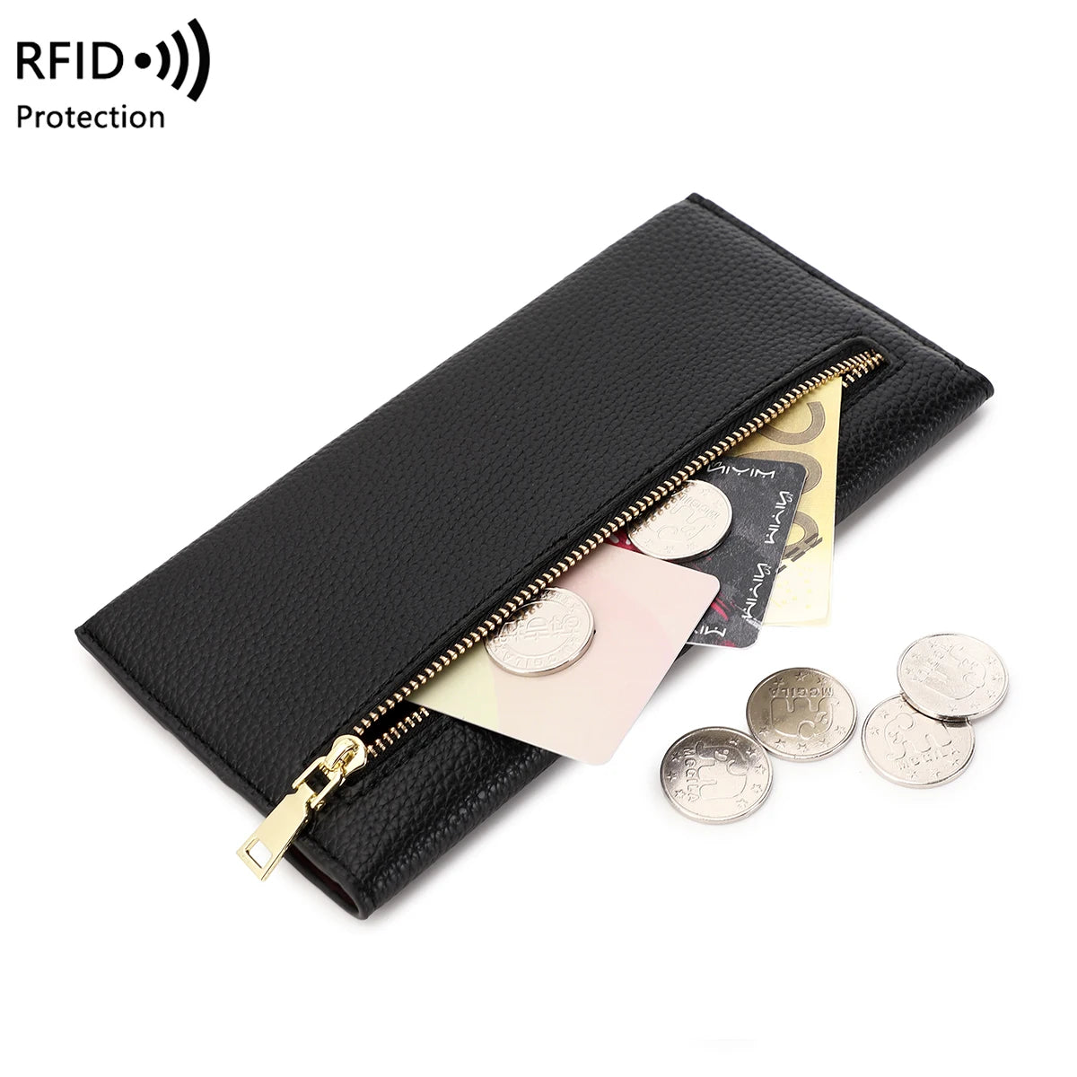 RFID Anti-Theft Purse for Women, Lychee Print, Soft Leather, Envelope Long Wallet, Ultra-thin, Portable, Simple Hand Bag