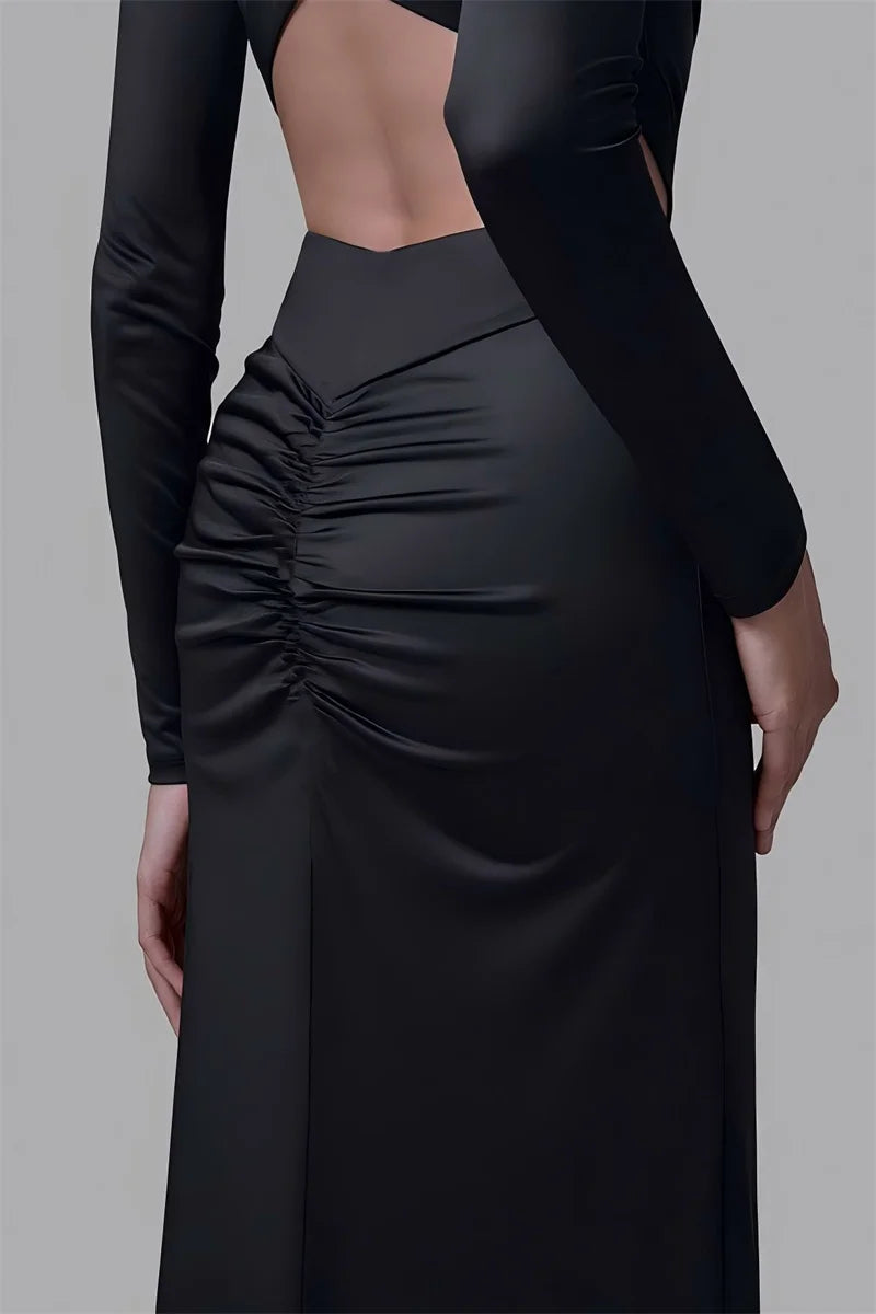 Mozision Turtleneck Backless Sexy Maxi Dress Women Gown Autumn Winter Elegant Long Sleeve Thigh High Split Club Party Long Dress