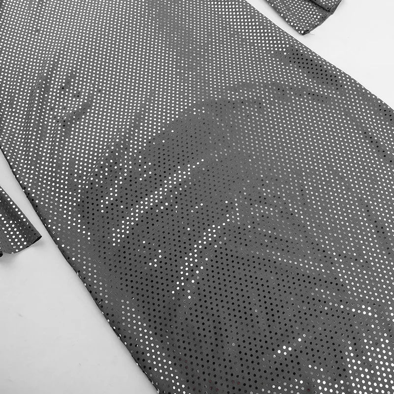 Mozision Elegant Strapless Sparkle Maxi Dress For Women Fashion Off-shoulder Backless Long Flare Sleeve Bodycon Club Party Dress