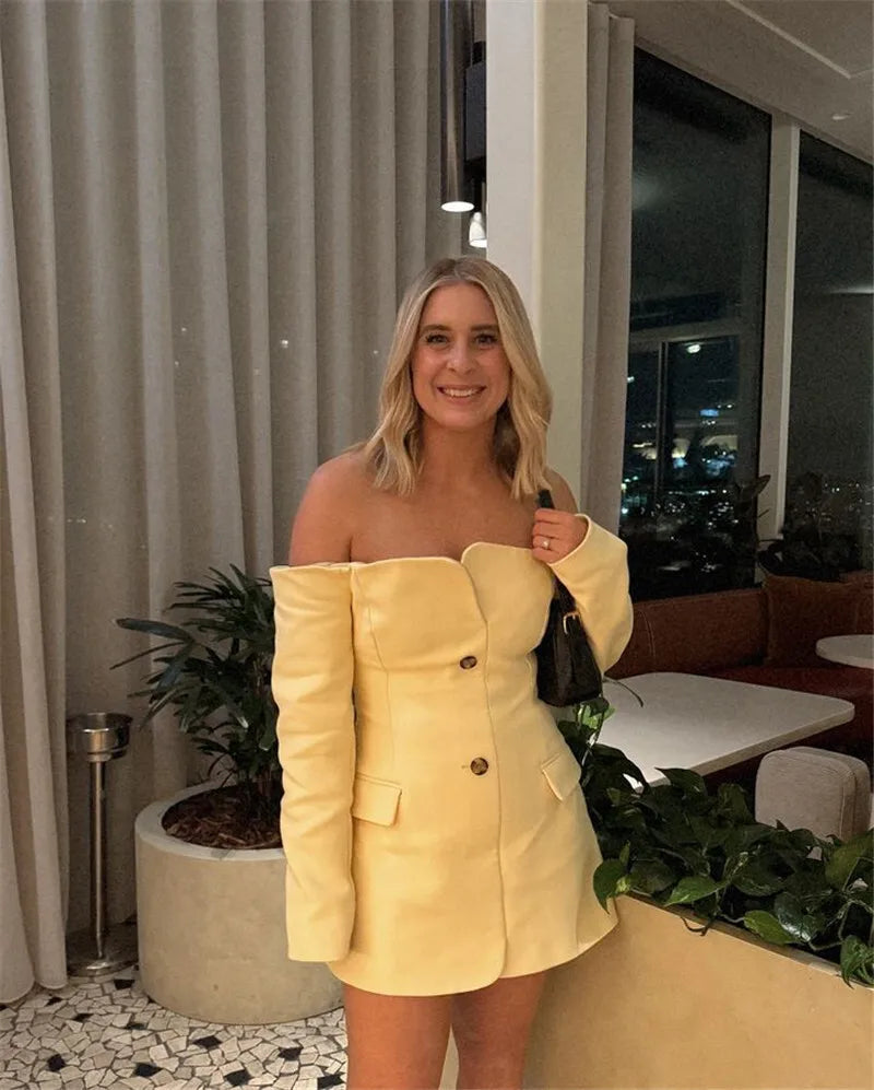 Mozision Off-shoulder Strapless Sexy Blazer Dress For Women Fashion Solid Zipper Two Pocket Long Sleeve Backless Mini Dress