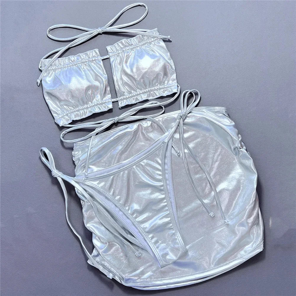 Sexy Silver Swimsuit Cover Ups Women Ruffled Bandeau 3 Piece Bikini Set Swimwear Micro Thong Mini Skirt Beachwear String Bikinis