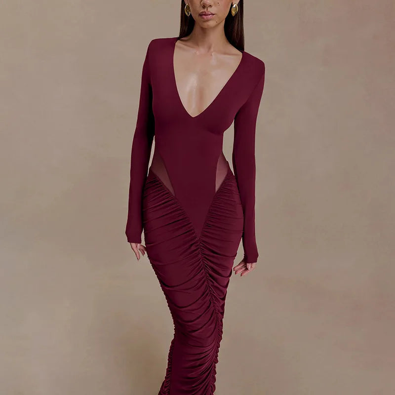 Blifanbo Elegan Deep V Neck Bodycon Maxi Dress Women High Waist Pleated Long Sleeve Solid Patchwork Club Party Long Dress Autumn