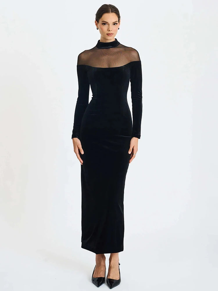 Mozision Sheer Off-shoulder Long Sleeve Sexy Maxi Dress Women Gown Elegant Half High Collar Backless Bodycon Club Party Dresses