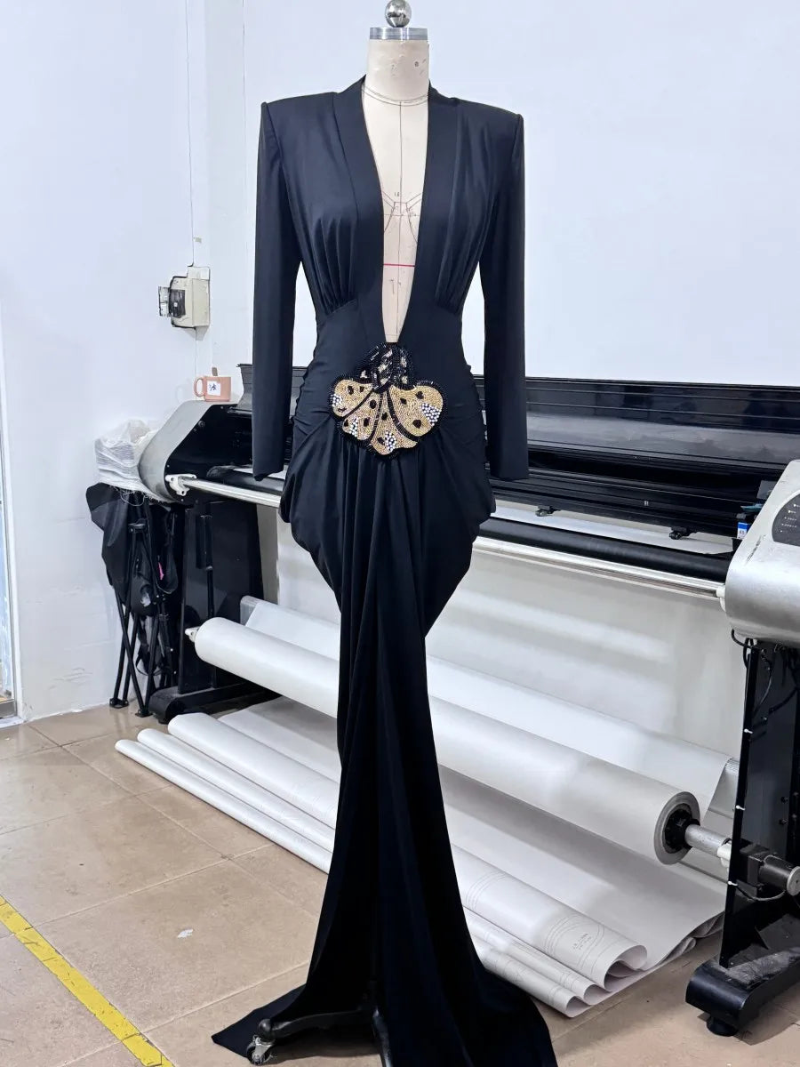 2025 New Spring Women Long Sleeve Deep V-Neck Bodycon Long Dress Elegant Evening Party Celebrate Cocktail Outfit Vestido