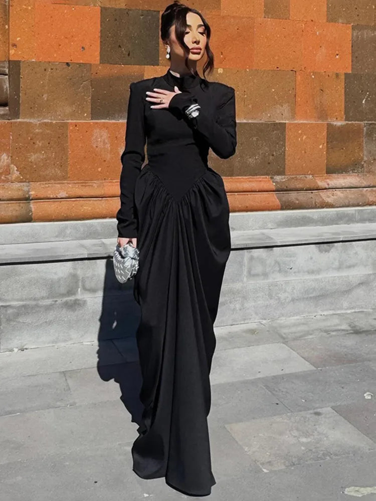 Mozision Turtleneck Long Sleeve Sexy Maxi Dress Women Gown Autumn Winter Elegant High Waist Draped Ruched Club Party Long Dress