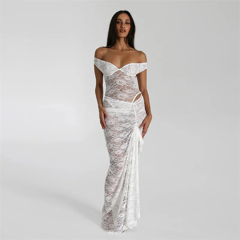 Mozision Lace See Through Sexy Two Piece Set Women Elegant Off-shoulder Backless Bodysuit And Maxi Skirt Matching Club Dress Set