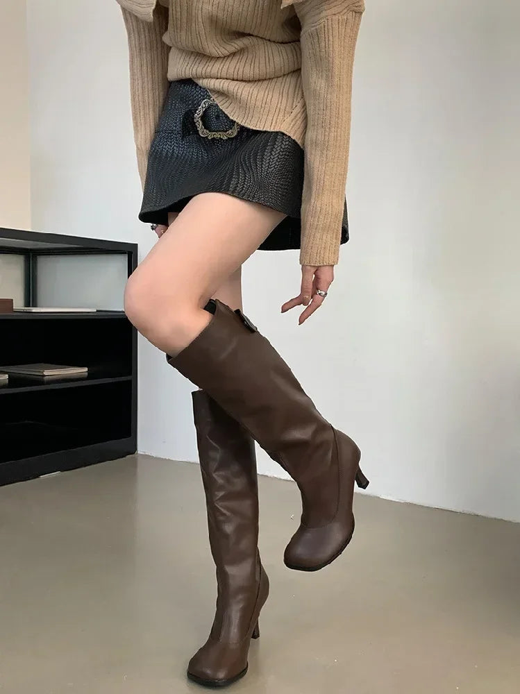 Autumn Winter Cosy Button Woman Knee-High Modern Boots Fashion Round Toe Thin Heels Ladies Long Booties Party Shoes