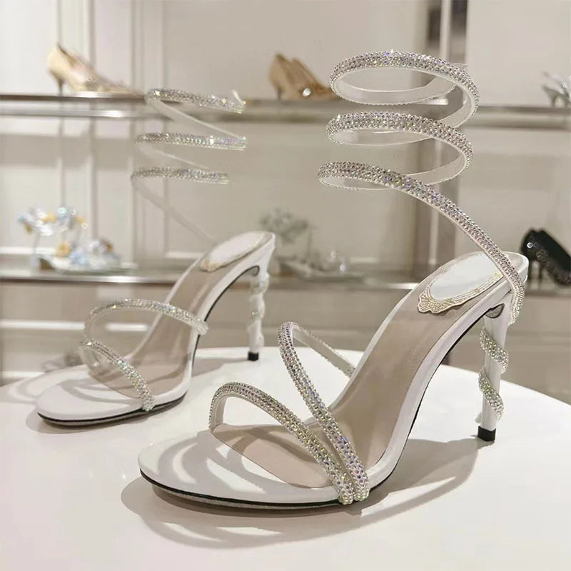 Luxury High Heels Sandals Woman Rhinestone Snake Twine Around Ankle Strap Wedding Shoes Stiletto Summer Gladiator Sandals Women