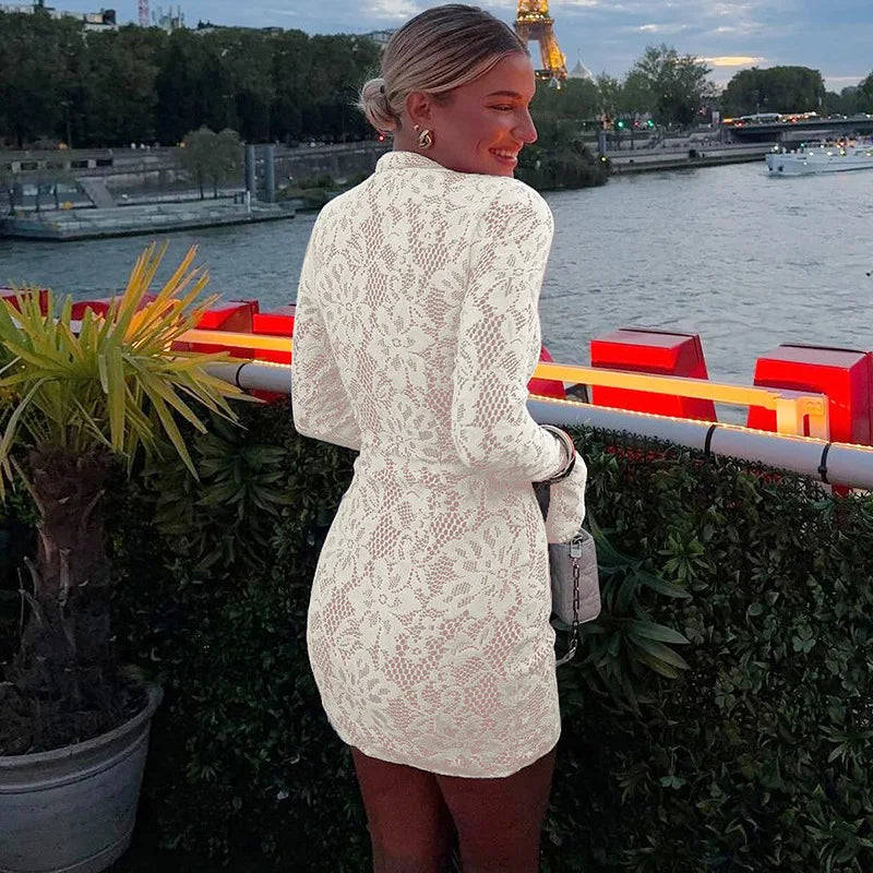 NIDANSSI White Lace Lining Hollow Out Autumn Dress Women 2024 Robes Elegant Evening Party Dress Bodycon Mini Dress Vestidos