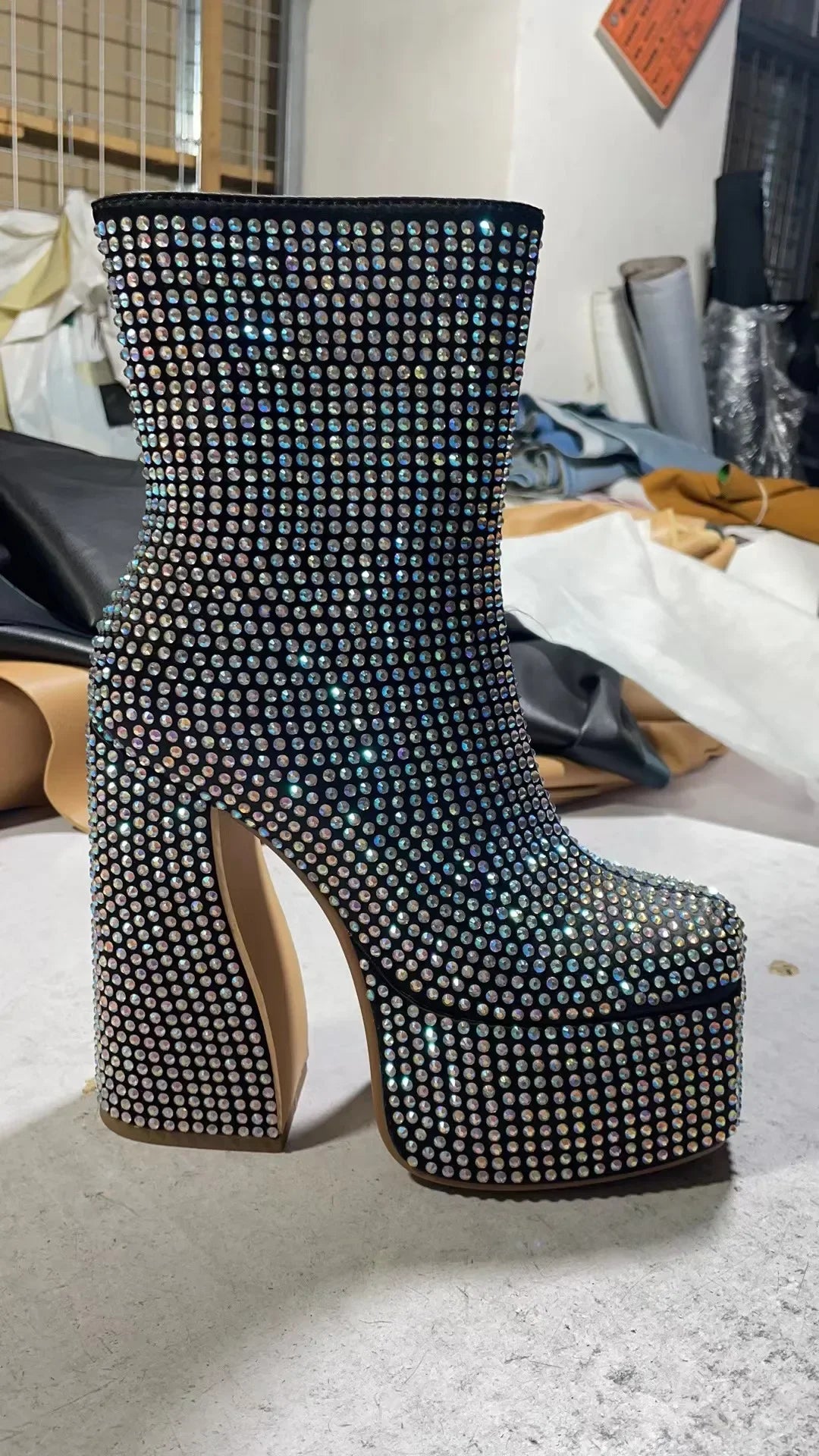 Women's European and American Fashion Super High Heel Short Boots Silver All Water Diamond Decoration Chelsea Short Boots