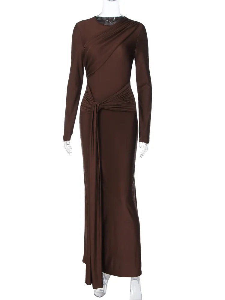 Mozision Long Sleeve Draped Ruched Sexy Maxi Dress Women Gown Elegant O Neck High Waist Bodycon Club Party Long Dresses Female