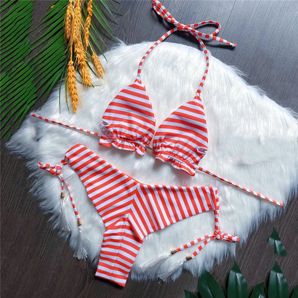 Red Striped Print String Halter Triangle Bikinis Sets Sexy Swimsuit Women Lace-up Swimwear Bathing Suit Thong Bikini 2025 Mujer