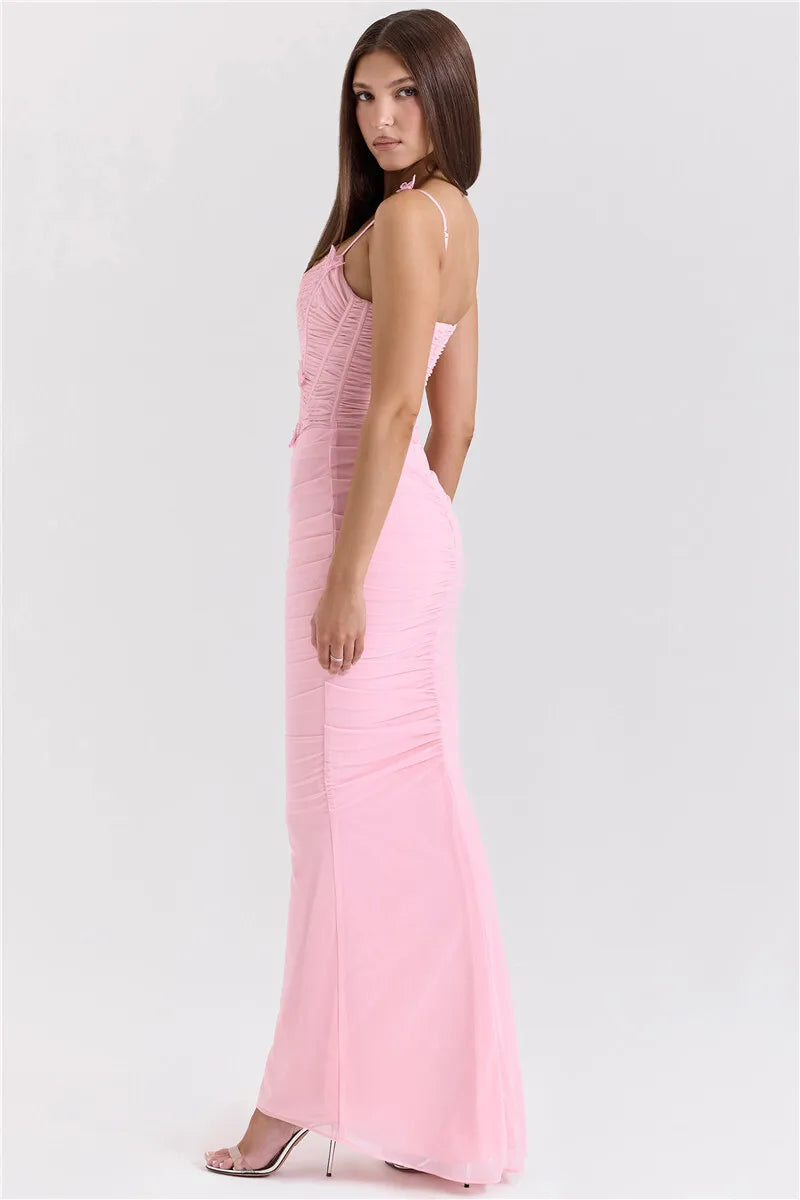 Mozision Bow Spaghetti Strap Sexy Maxi Dress For Women Gown Elegant Off-shoulder Sleeveless Backless Evening Club Party Dress