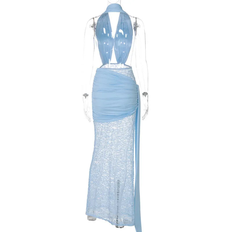 Mozision Halter Deep V Neck Sexy Maxi Dress For Women Elegant Fashion Lace Sleeveless Backless Ruched Bodycon Club Long Dress