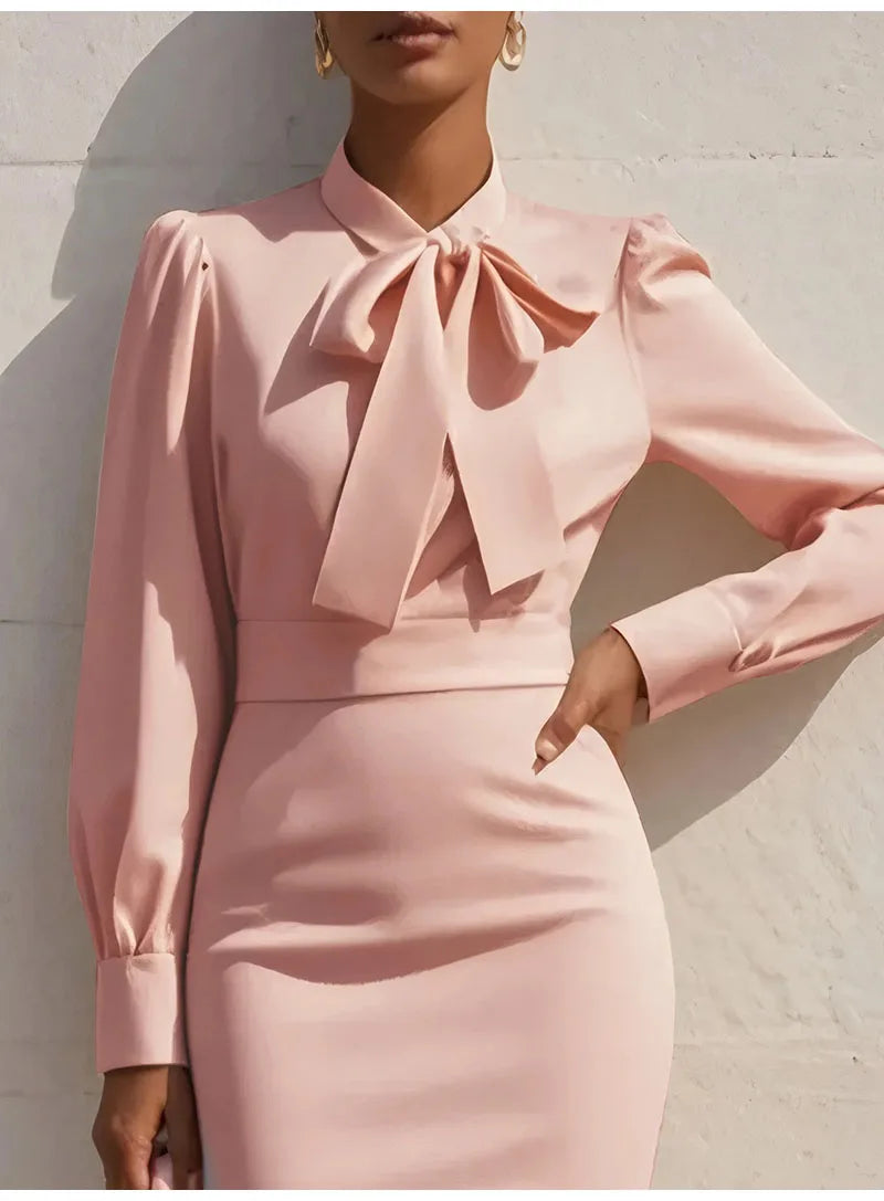 Elegant Slim Party Dresses For Women 2025 Fall Long Sleeve Bow Solid Color O-neck Midi Dress Casual