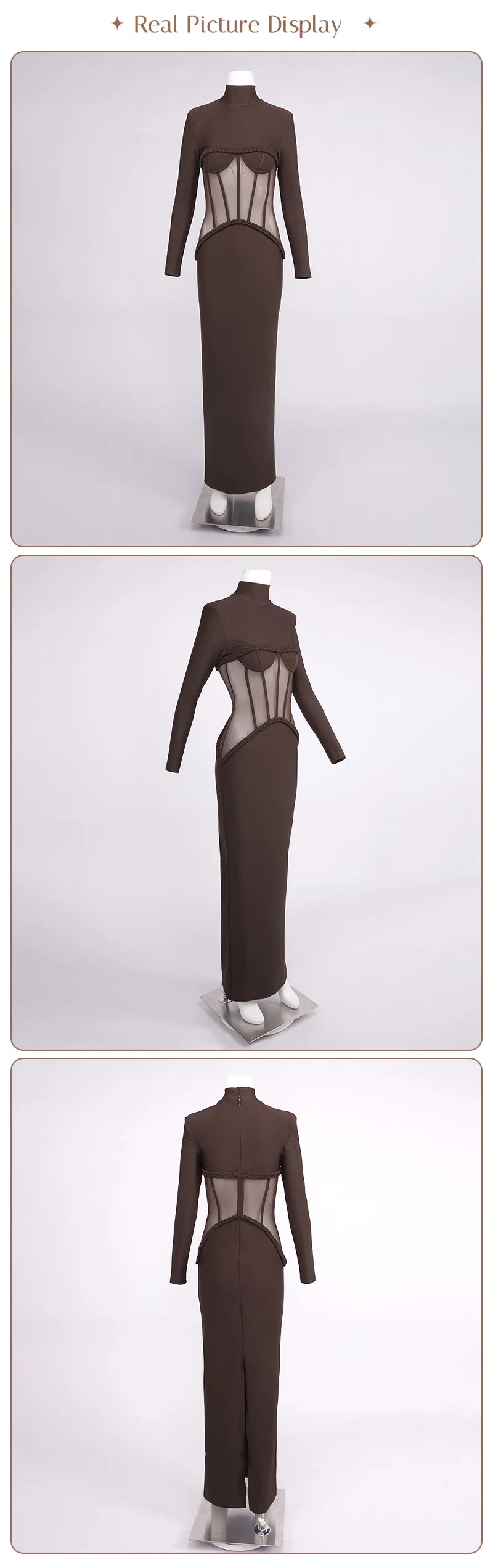 Luxury Sheer Corset Brown Long Dresses for Women – Long Sleeve High Neck See Through Bodycon Maxi Dress with Mesh Waist Detail