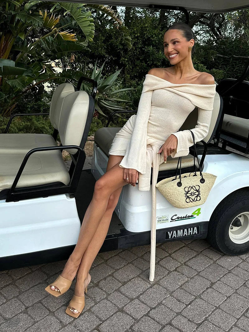 Mozision Off-shoulder Knit Mini Dress For Women Autumn Winter New Strapless Backless Long Sleeve Ruched Draped Knitted Dress