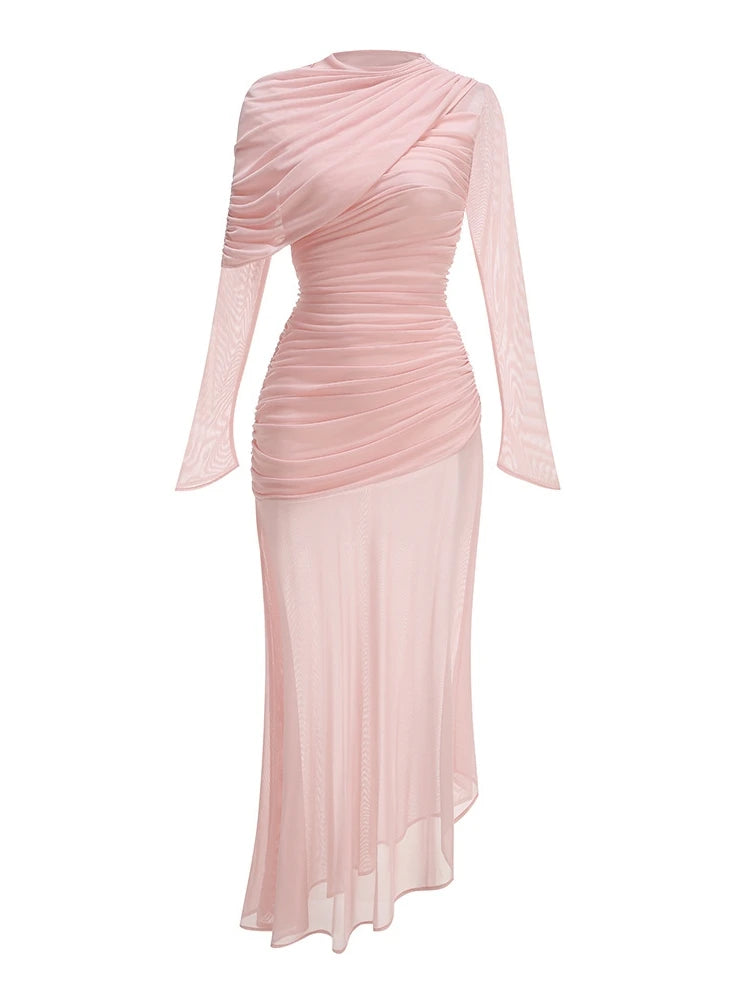 Sexy O Neck Mesh Patchwork Folds Long Dress Women Pink Long Sleeves Asymmetrical Folds Slim Dresses Evening Party Formal Gowns