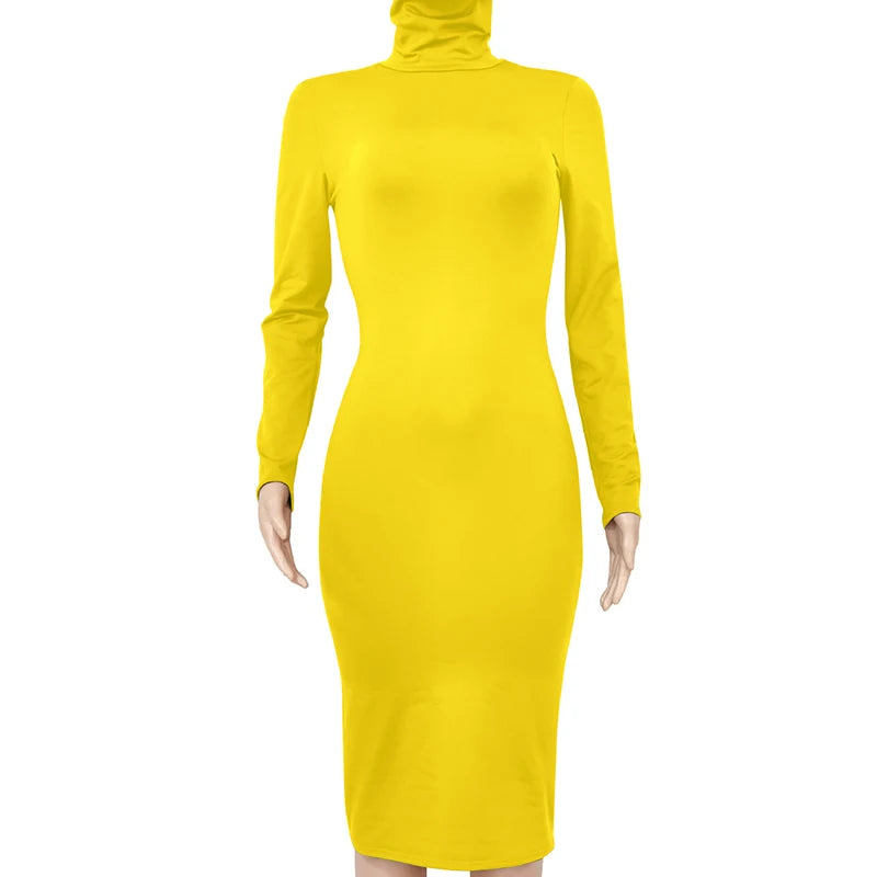 Winter Black Turtleneck Sexy Women Dress Autumn Long Sleeve Skinny Midi Boydcon Casual Blue Plush Knee-Length Party Club