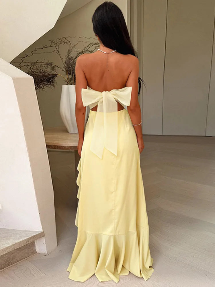 Mozision Off-shoulder Strapless Ruffled Sexy Maxi Dress Women Summer Fashion Backless Bow Thigh High Split Club Long Dress