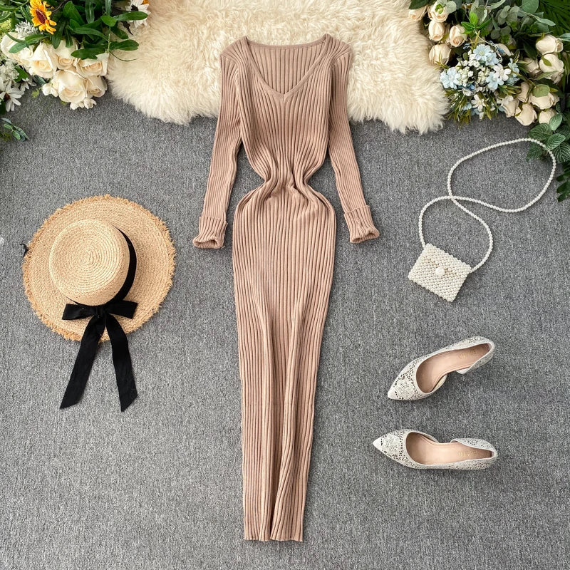 Women's Knitted Midi Dr Pure Color Long Sve Slim Fit High Waist V-Ne Korean Sle Faionable Autumn Winter Dr