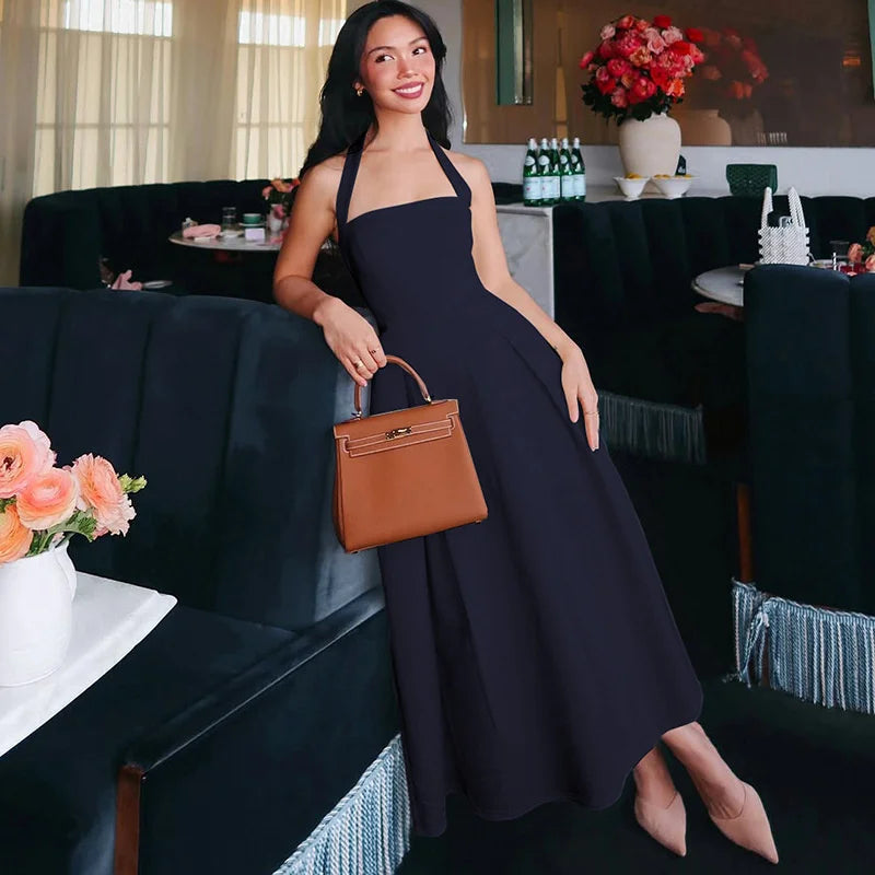 Mozision Halter Backless Sexy Midi Dress Women Fashion Solid Sleeveless High Waist A-line Club Party Pleated Long Dresses Female