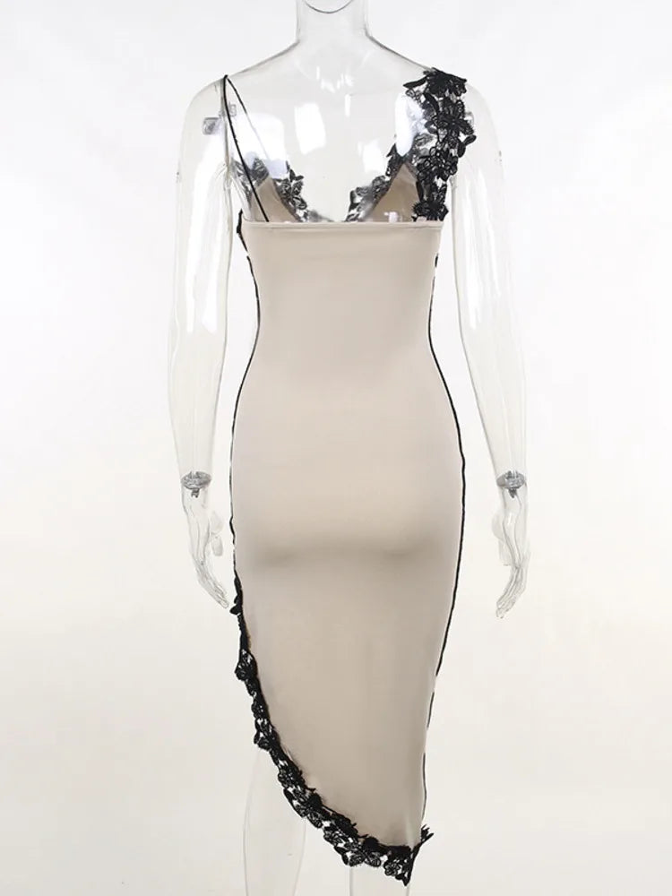 Mozision Lace High Split Sexy Midi Dress For Women Robe 2023 New Spaghetti Strap Sleeveless Deep V Neck Party Long Dress Vestido