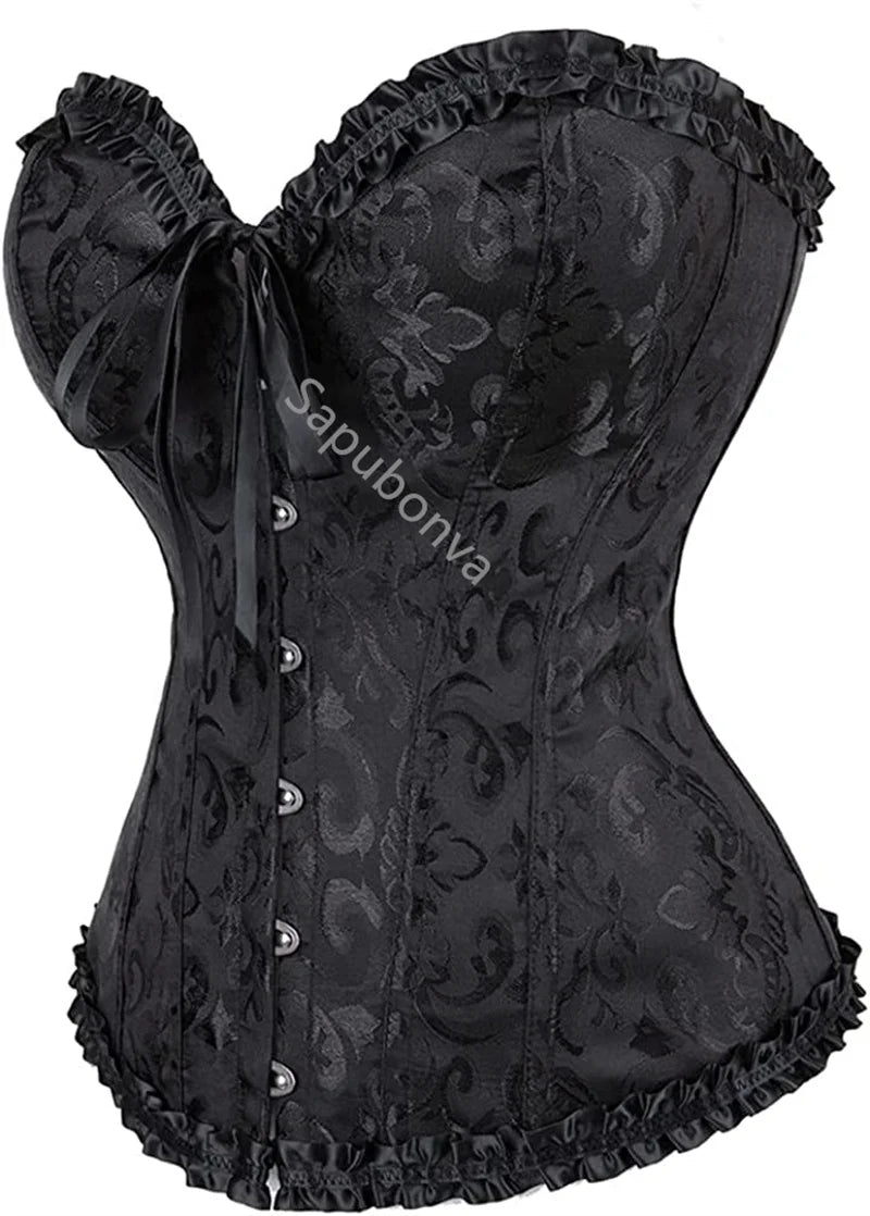Sapubonva Corset Plus Size Women Bustiers Top Sexy White Black Green Vintage Flower Print Lingerie Corselet Lace Korsett Black