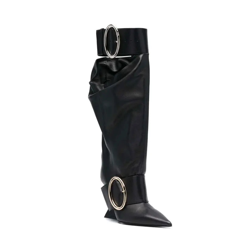 2023 European and American Designer Brand Runway Boots, Women's Fashion Belt Buckle Decoration, Irregular Heel Sleeve Boots