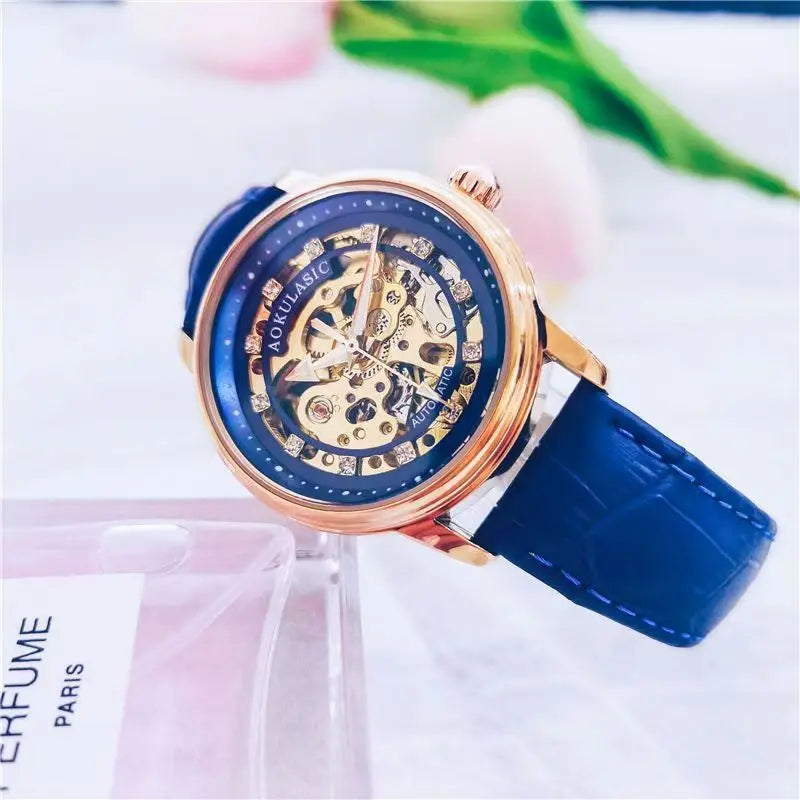 High-End, Luxurious, Elegant, Hollow-Out, Diamond-Encrusted, Fully Automatic Mechanical Watch for Women, with a Small, Fashionable, Simple Design, Luminous, Waterproof, Trendy for Female Students, the Best Gift for Her