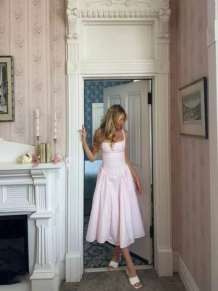 YENKYE Lace Up Bandage Plaid Sling Dress Women Elegant Square Neck Low Waist A-line Midi Summer Dresses Holiday Party Robe 2025