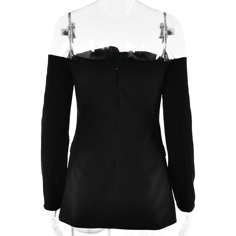 Mozision Off-shoulder Strapless Sexy Blazer Dress For Women Fashion Solid Zipper Two Pocket Long Sleeve Backless Mini Dress