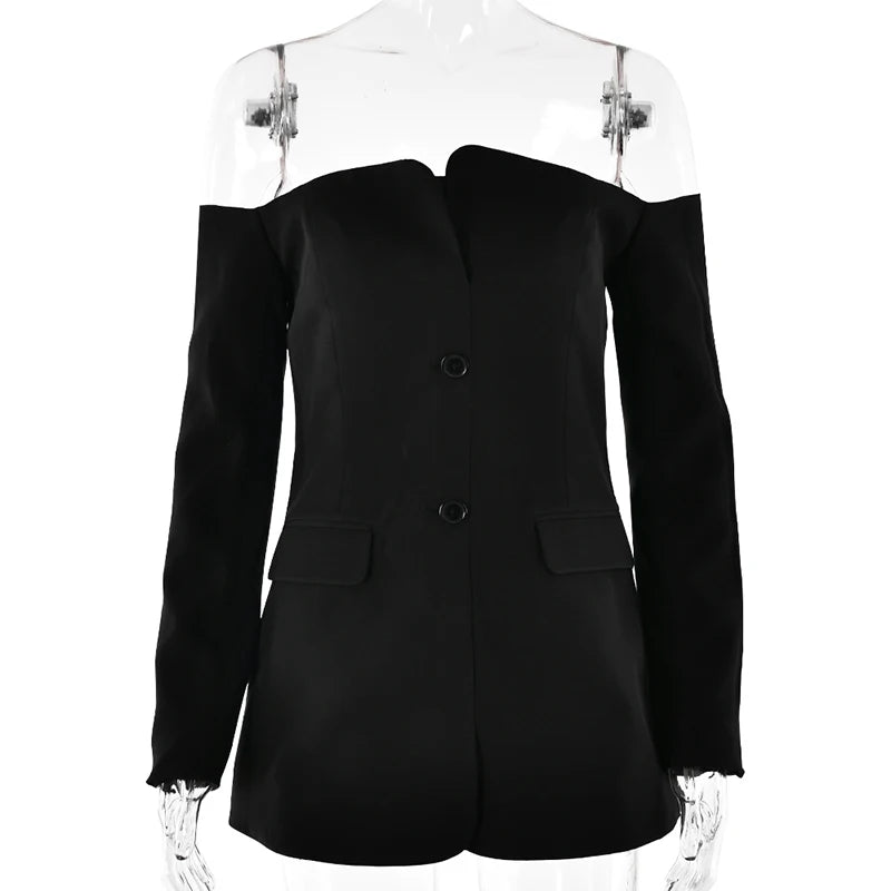 Mozision Off-shoulder Strapless Sexy Blazer Dress For Women Fashion Solid Zipper Two Pocket Long Sleeve Backless Mini Dress