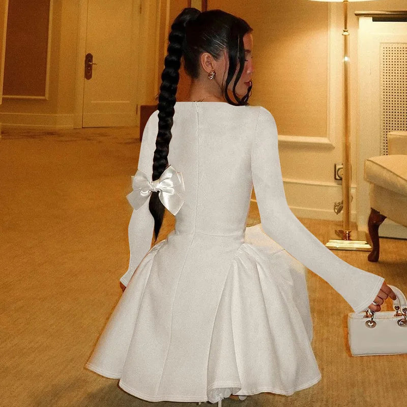 Mozision Elegant Long Sleeve Sexy Mini Dress For Women Solid O Neck High Waist A-line Bodycon Club Party Dress Clubwear New