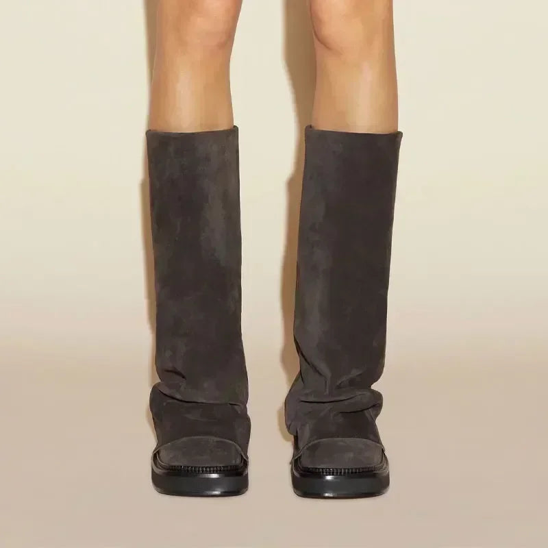 New Large Walled Flat Bottomed Round Toe Sleeve Knee High Pleated Women's Boots Retro Knight Boots Shoes for Women