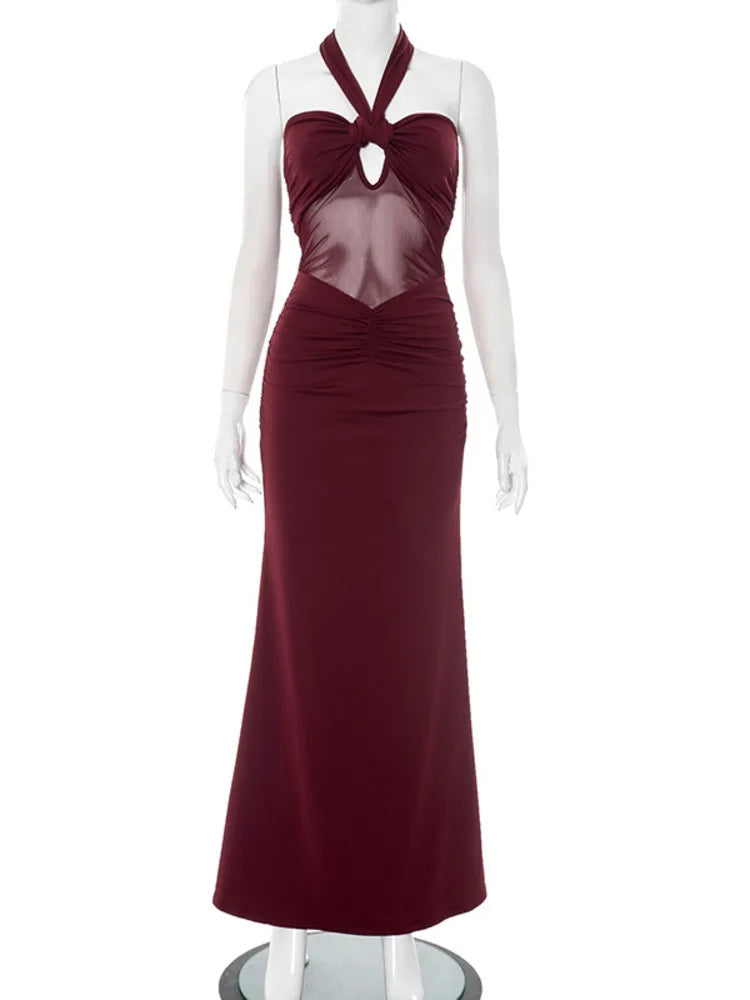 Mozision Hollow Out Halter Sexy Maxi Dress Women Gown Summer New See Through Mesh Sleeveless Backless Bodycon Club Long Dress