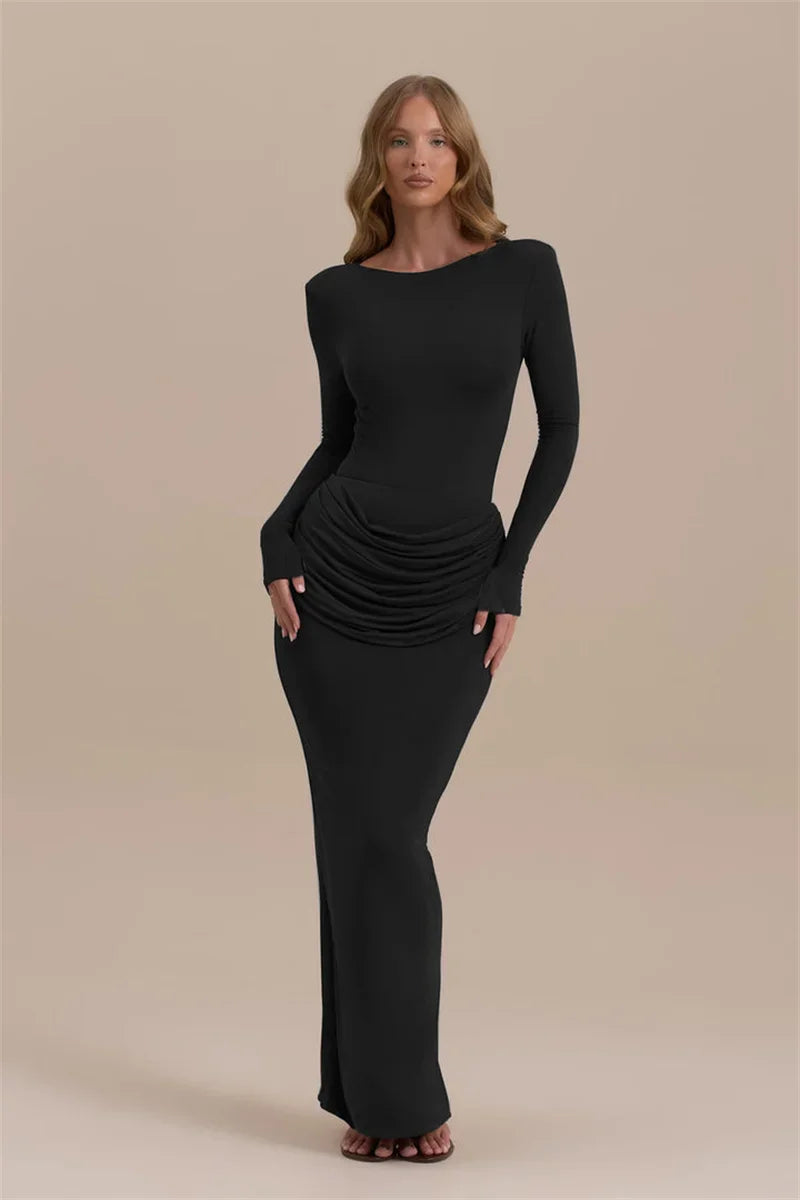 Long Sleeve Ruched Sexy Maxi Dress For Women Gown Autumn Winter New O Neck High Waist Bodycon Club Party Long Dresses