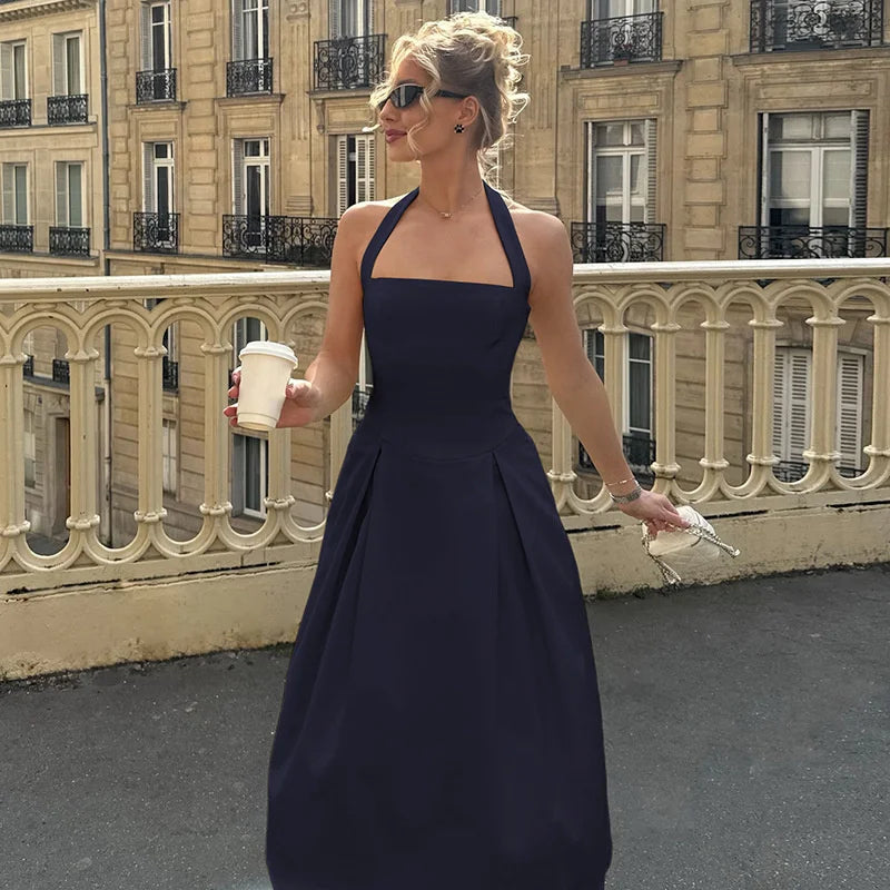 Mozision Halter Backless Sexy Midi Dress Women Fashion Solid Sleeveless High Waist A-line Club Party Pleated Long Dresses Female