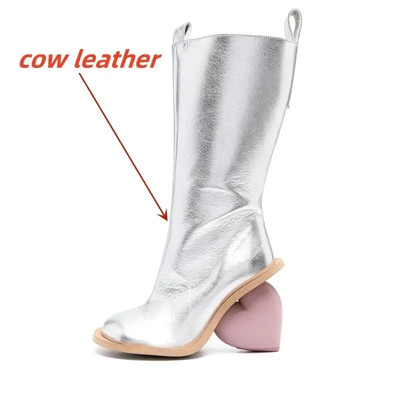 2024 New Women's Genuine Leather Mid Top Boots Fashion Round Toe High Heel Ankle Shoes with Zipper Stylish Comfortable Footwear