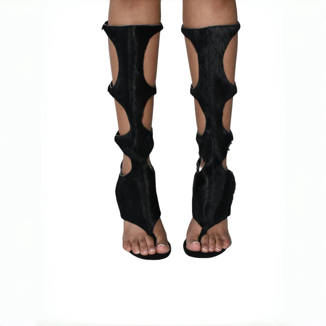 Luxury Cut-Out Knee-High Boots - Genuine Horsehair Leather Stiletto Heels with Rear Zipper | European Fashion Women's Shoes