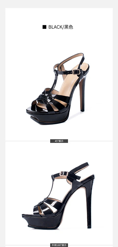 Women's Summer European and American Fashion Stiletto Waterproof Platform Leather Open Toe Round Head Buckle Sandals