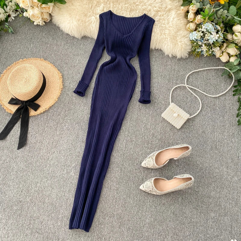 Women's Knitted Midi Dr Pure Color Long Sve Slim Fit High Waist V-Ne Korean Sle Faionable Autumn Winter Dr